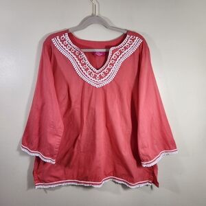 womens capagallo coral boho bric brack trim tunic top sz 1x cotton vneck